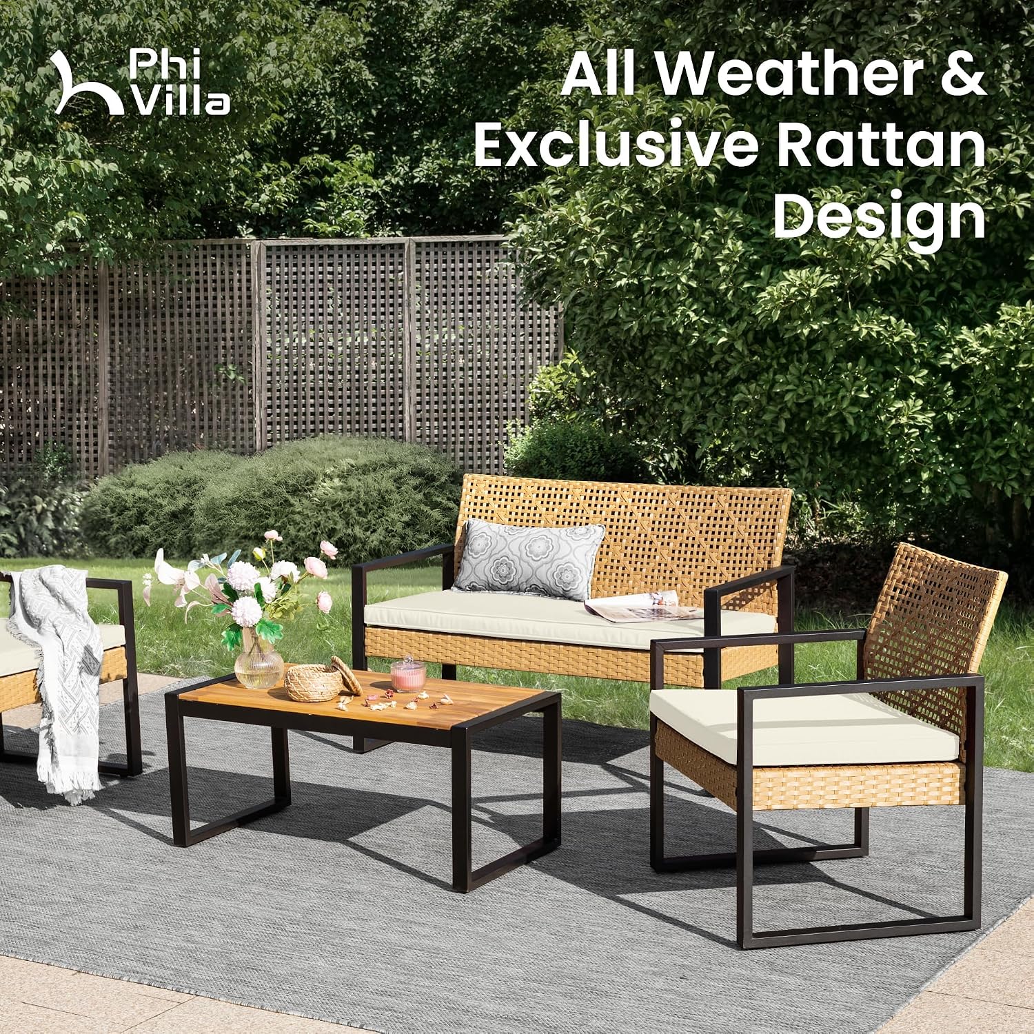PHI VILLA Wicker Patio Furniture Set for 4, Rattan Small Patio Loveseat and Chairs with Acacia Wood Coffee Table, Outdoor Conversation Set with Cushion, Front Porch Furniture for Deck, Yard, Garden