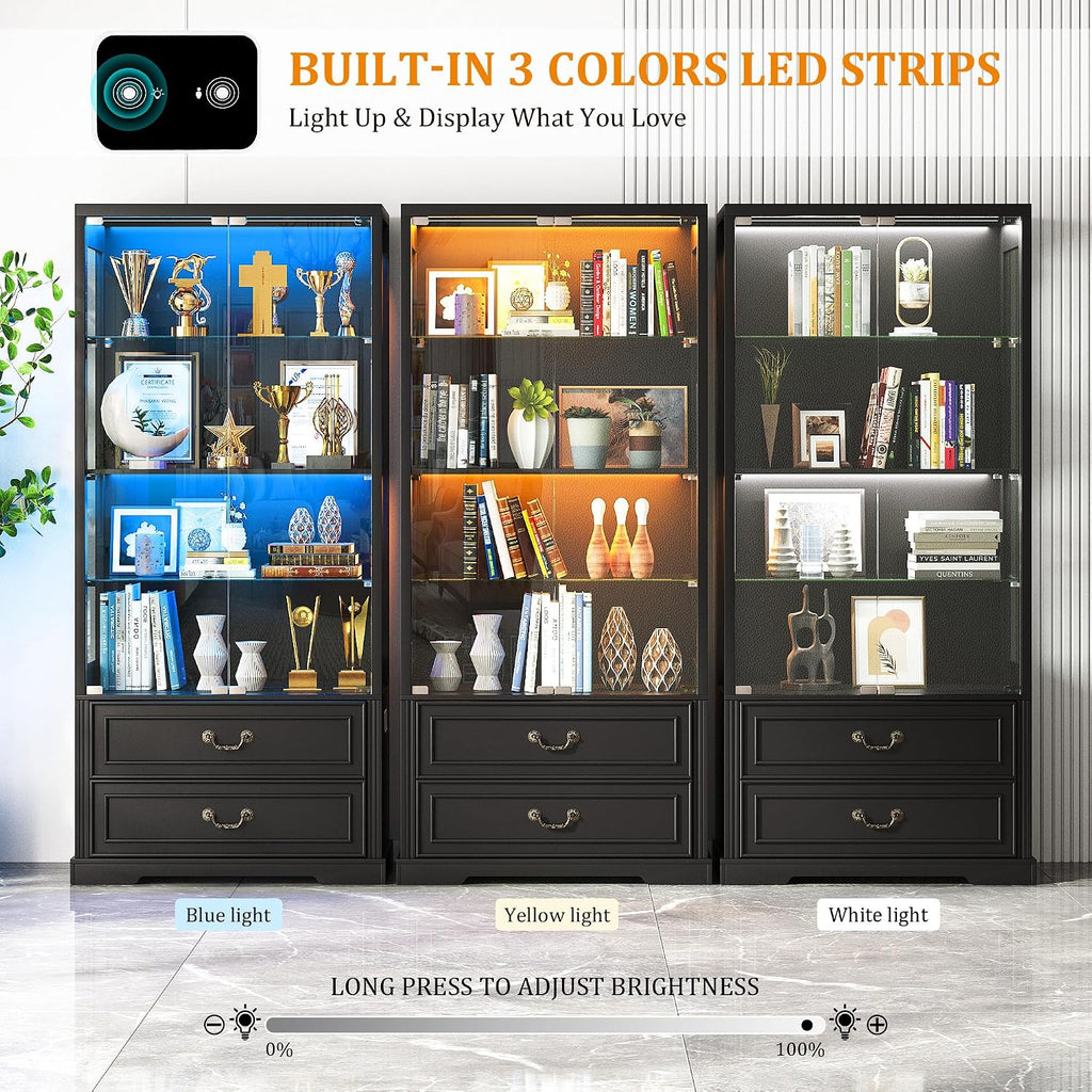 FREDEES Display Cabinet with Glass Doors,67' Adjustable Display Shelf with 2 Drawers and 4 Tier Curio Cabinet,Tall Bookcase with 3 Color Lights and Human Body Sensor for Toys,Books（Black）