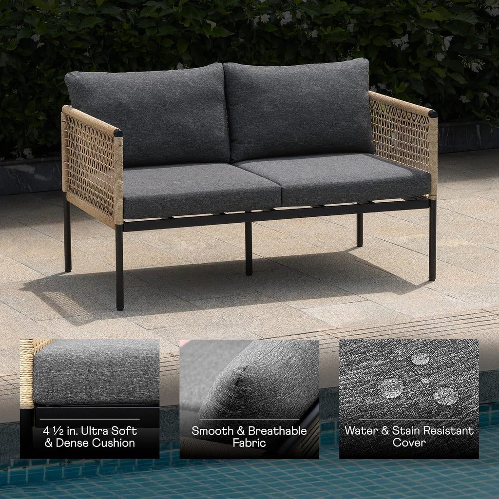Idzo Oscar Wicker Metal Loveseat with Coffee Table – Black, 2-Seater Outdoor Sofa Set for Small Patios, Balcony or Garden, Heavy-Duty Love Seat Couches for Relaxing and Entertaining