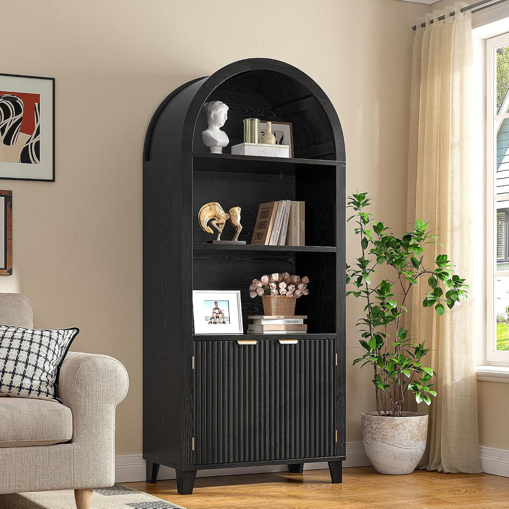 DurayLoly Book Shelf Arched Cabinet, 5-Tier Arched Bookcase with Doors and Adjustable Wood Shelves, Wooden Storage Cabinet with Open Display Shelf for Office,Living Room, Kitchen, Black