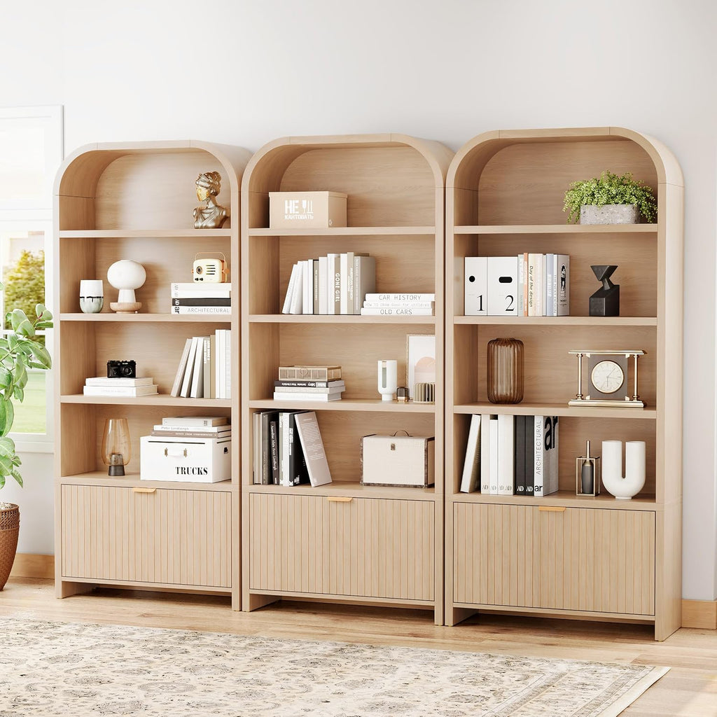 LEVNARY Arched Bookcase with Drawer, 70' Tall 5-Tier Bookshelf with Fluted Carved Drawer, Freestanding Display Storage Cabinet for Living Room Bedroom Home Office (Natural)