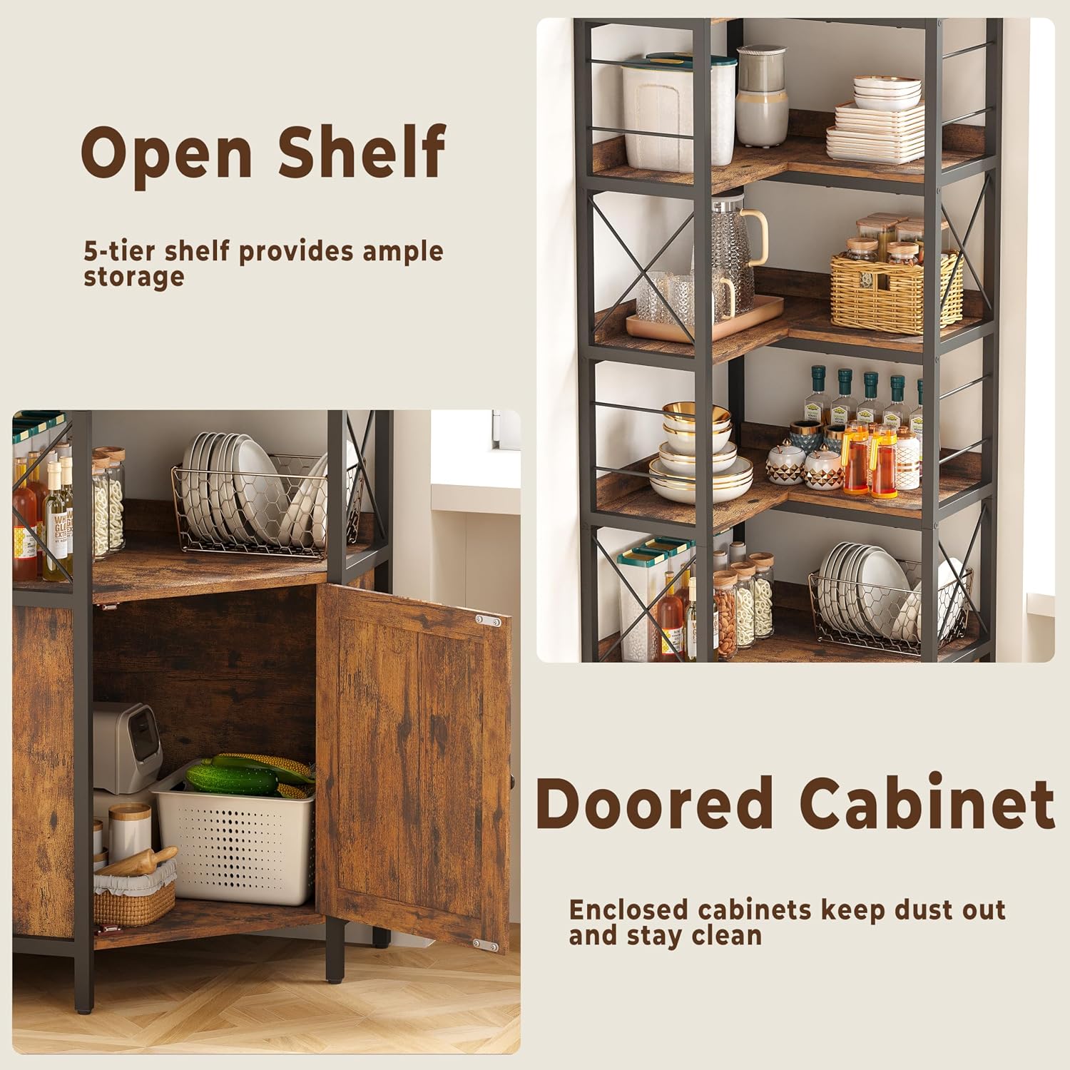 IRONCK Bookshelves 5 Tiers, Corner Bookshelf with Baffles, Bookcase and Bookshelf with Doors, Industrial Display Bookshelves for Living Room, Kitchen
