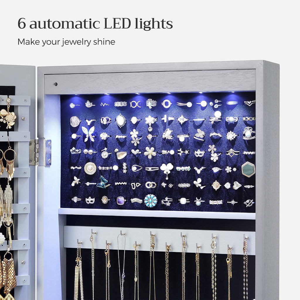 SONGMICS 6 LEDs Mirror Jewelry Cabinet, 47.2-Inch Tall Lockable Wall or Door Mounted Jewelry Armoire Organizer with Mirror, 2 Drawers, 3.9 x 14.6 x 47.2 Inches, Gray UJJC93GY