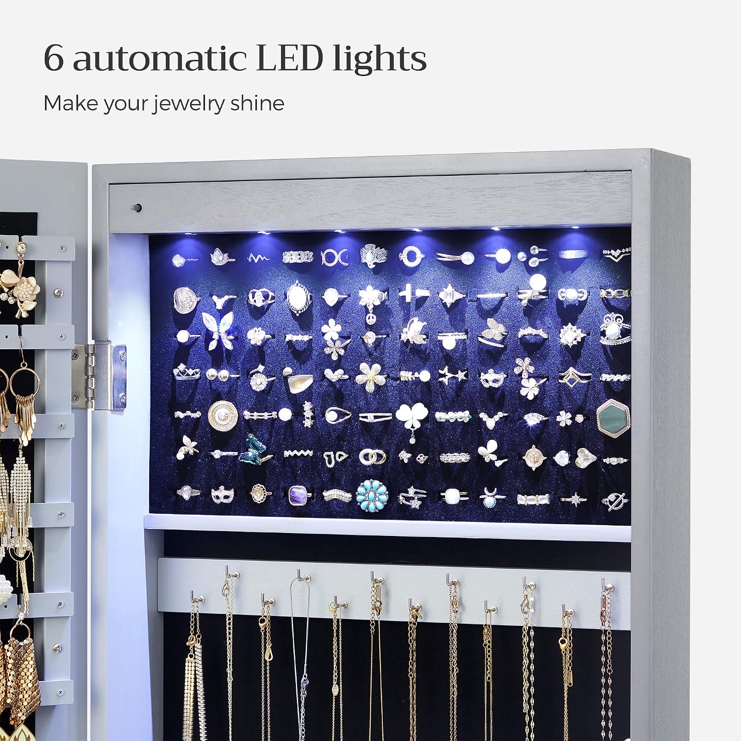 SONGMICS 6 LEDs Mirror Jewelry Cabinet, 47.2-Inch Tall Lockable Wall or Door Mounted Jewelry Armoire Organizer with Mirror, 2 Drawers, 3.9 x 14.6 x 47.2 Inches, Gray UJJC93GY