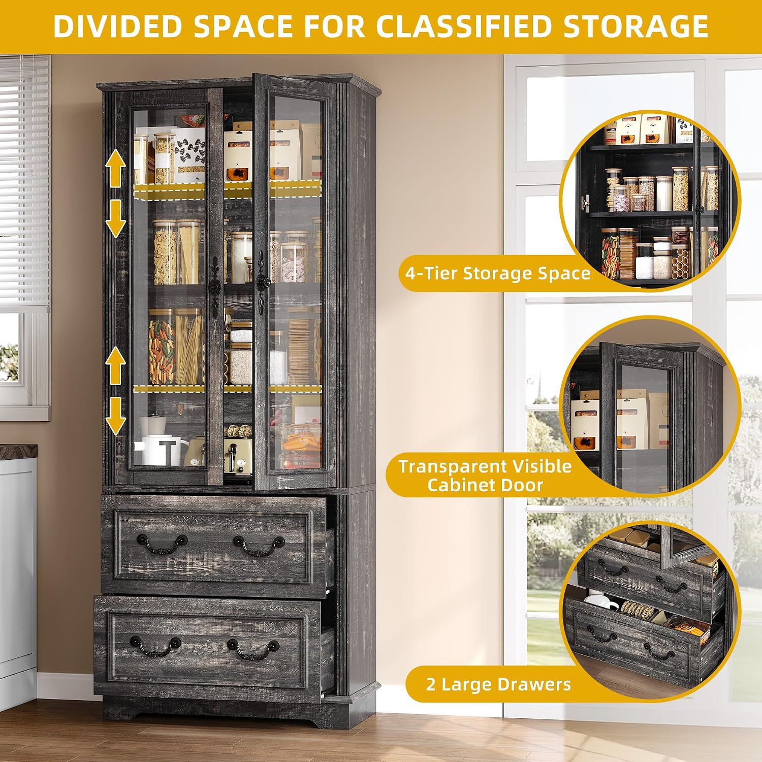 DWVO 76' Storage Cabinets, Freestanding Kitchen Pantry with Adjustable Shelves & Drawers, Farmhouse Glass Display Cabinets Tall Cupboard for Dining Room, Living Room, Dark Rustic