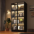 Wildhome Wooden Display Storage Cabinet with Glass Door, LED Lights,Showcase for Collections, Perfume, Vinyl Albums, Bookcase for Home Office, Living Room, Clinic, Pantry (Black- 4 Layers)