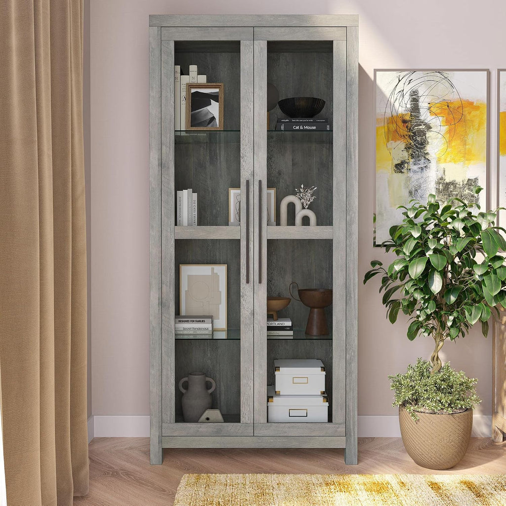 BELLEZE Glass Display Cabinet, Tall Curio Cabinet with Tempered Glass Doors for Living Room, Trophy Display Case - Avalon (Gray Wash)