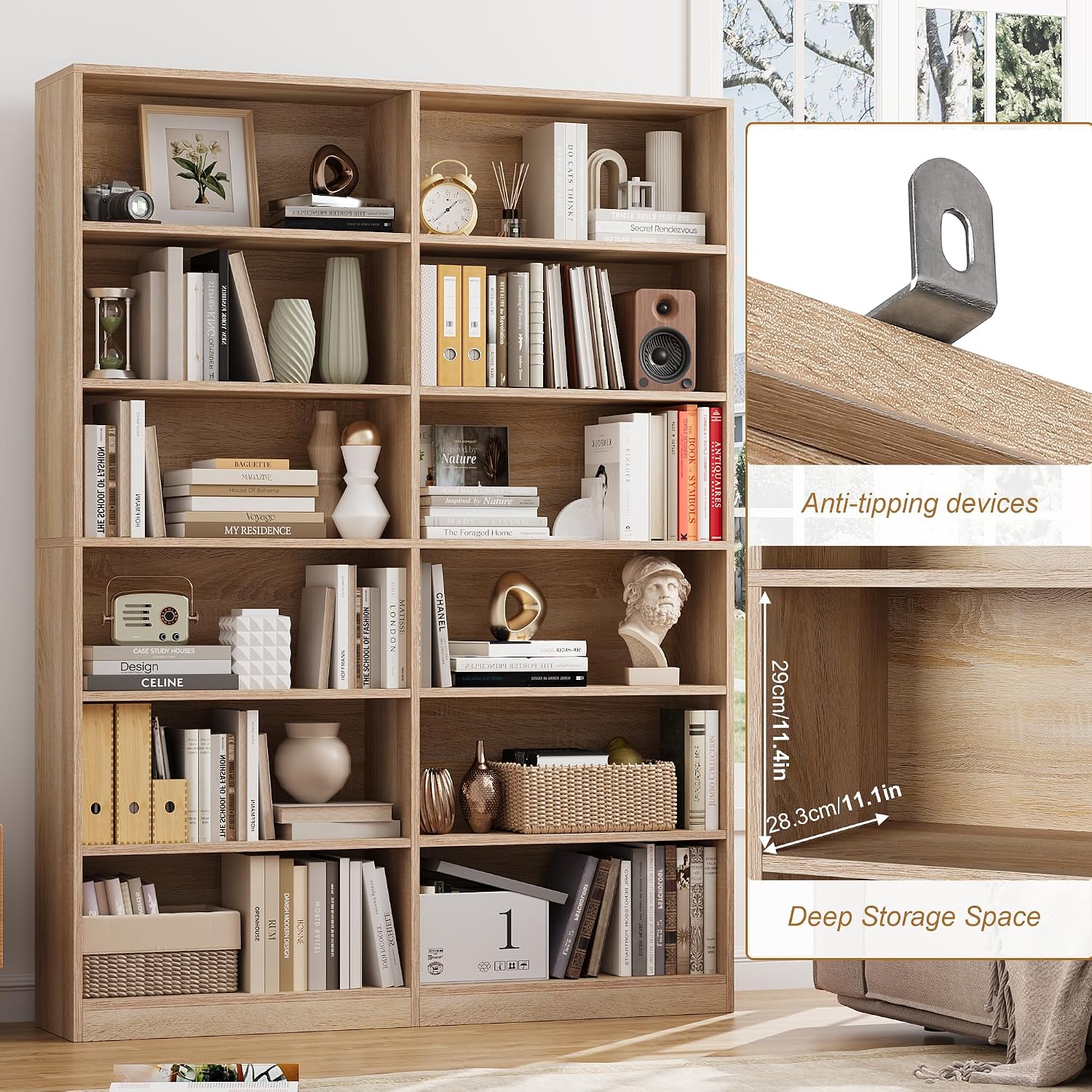 FACBOTALL Bookshelf and Bookcase, 6-Tier Double Wide Bookshelves,Freestanding Display Storage Shelves, Tall Bookcases for Home Decor Bedroom, Living Room, Home Office, Light Oak