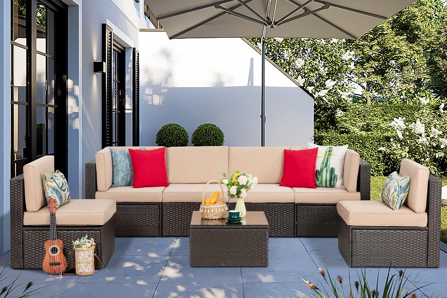 Vongrasig 7 Pieces Patio Furniture Sets, Outdoor Patio Conversation Set PE Rattan Wicker Sectional Sofa Couch with Glass Coffee Table for Garden, Poolside, Backyard, Beige