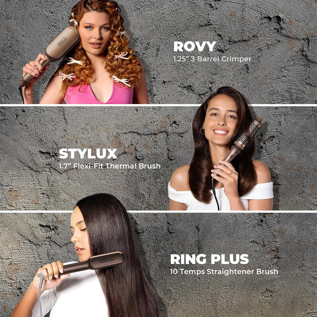 TYMO Limited Edition Styling Set - Include TYMO ROVY Hair Crimper Wave Curling Iron & Ring Plus Straightener Brush & STYLUX Thermal Brush, 3 in 1 Ionic Hair Curler Tool Set for Women