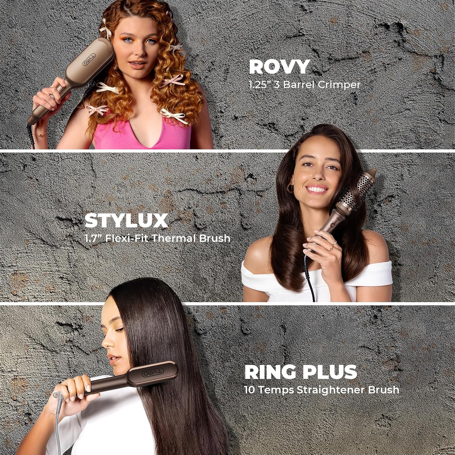 TYMO Limited Edition Styling Set - Include TYMO ROVY Hair Crimper Wave Curling Iron & Ring Plus Straightener Brush & STYLUX Thermal Brush, 3 in 1 Ionic Hair Curler Tool Set for Women