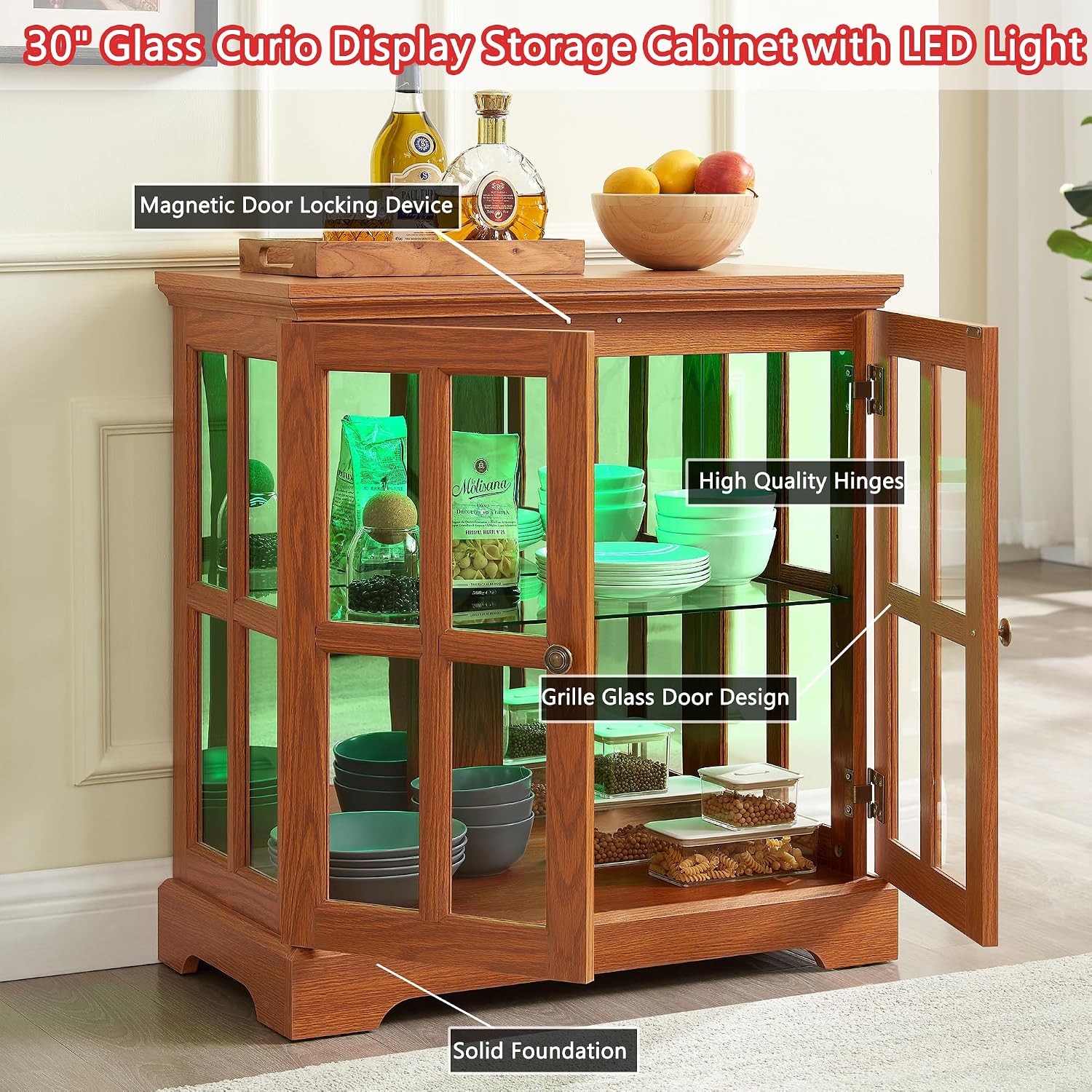 30' Glass Curio Display Storage Cabinet with LED Light, Modern 2 Lattice Doors Tableware Display Sideboard w/Adjustable Shelves, Retro Design Quality Showcase Bookcase for Home (Dark Oak)
