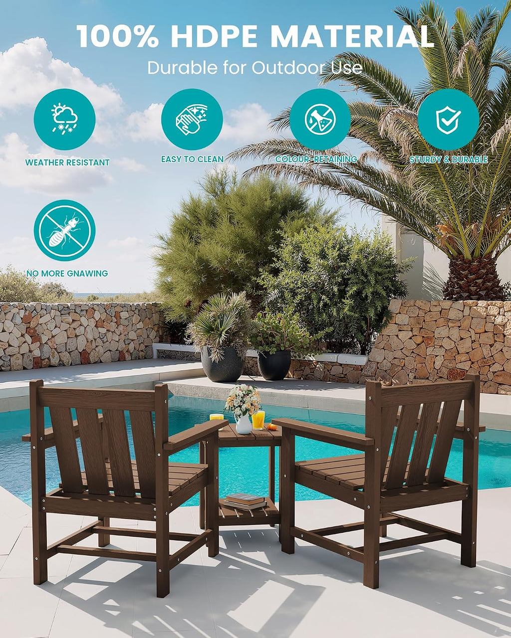 SEWRWALL 3 Pieces Patio Bistro Set, All Weather Adirondack Chair Set with Side Table, HDPE Material Outdoor Patio Furniture Set for Balcony, Porch, Garden, Backyard- Brown