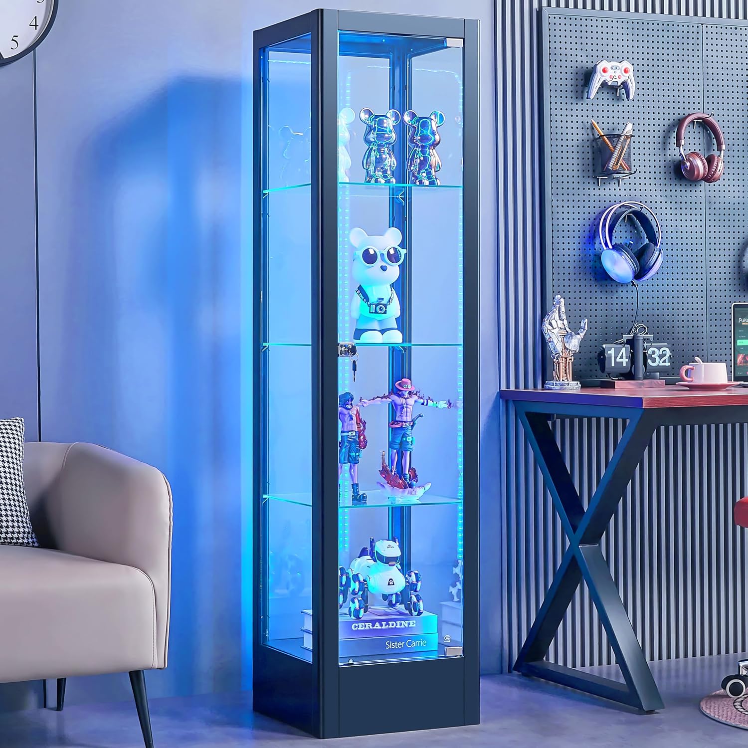 BECHAEO Glass Display Cabinet with 12 Color Lights and Lock, 4-Tier Curio Cabinet with Tempered Glass Door, Adjustable Shelves, 63' Metal Display Case for Collectibles Living Room, Black