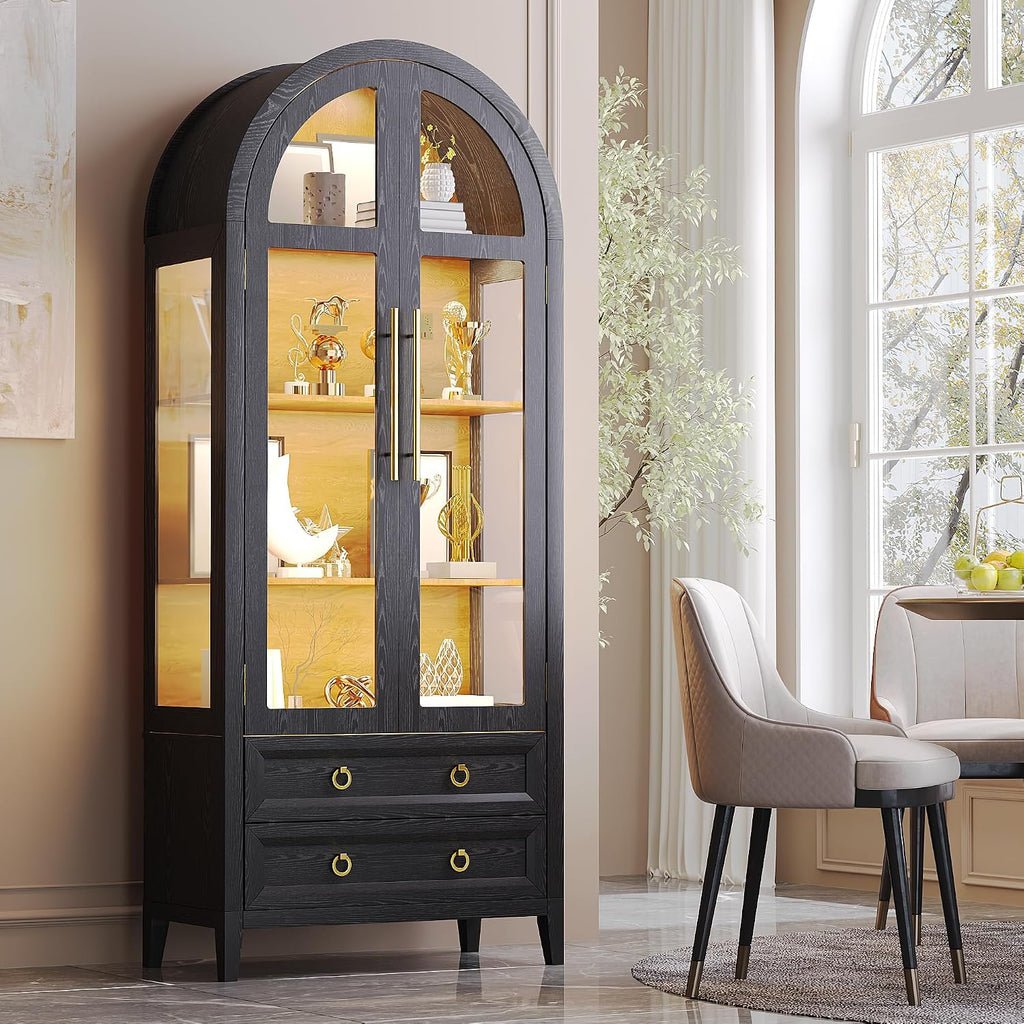 Vlsrka 71' Arched Curio Cabinet with Glass Doors, 4-Shelves Display Cabinet and 2 Drawers, Display Case with 3 Color Lights, Tall Bookcase, Kitchen Pantry, Black+Wood