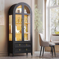 Vlsrka 71' Arched Curio Cabinet with Glass Doors, 4-Shelves Display Cabinet and 2 Drawers, Display Case with 3 Color Lights, Tall Bookcase, Kitchen Pantry, Black+Wood