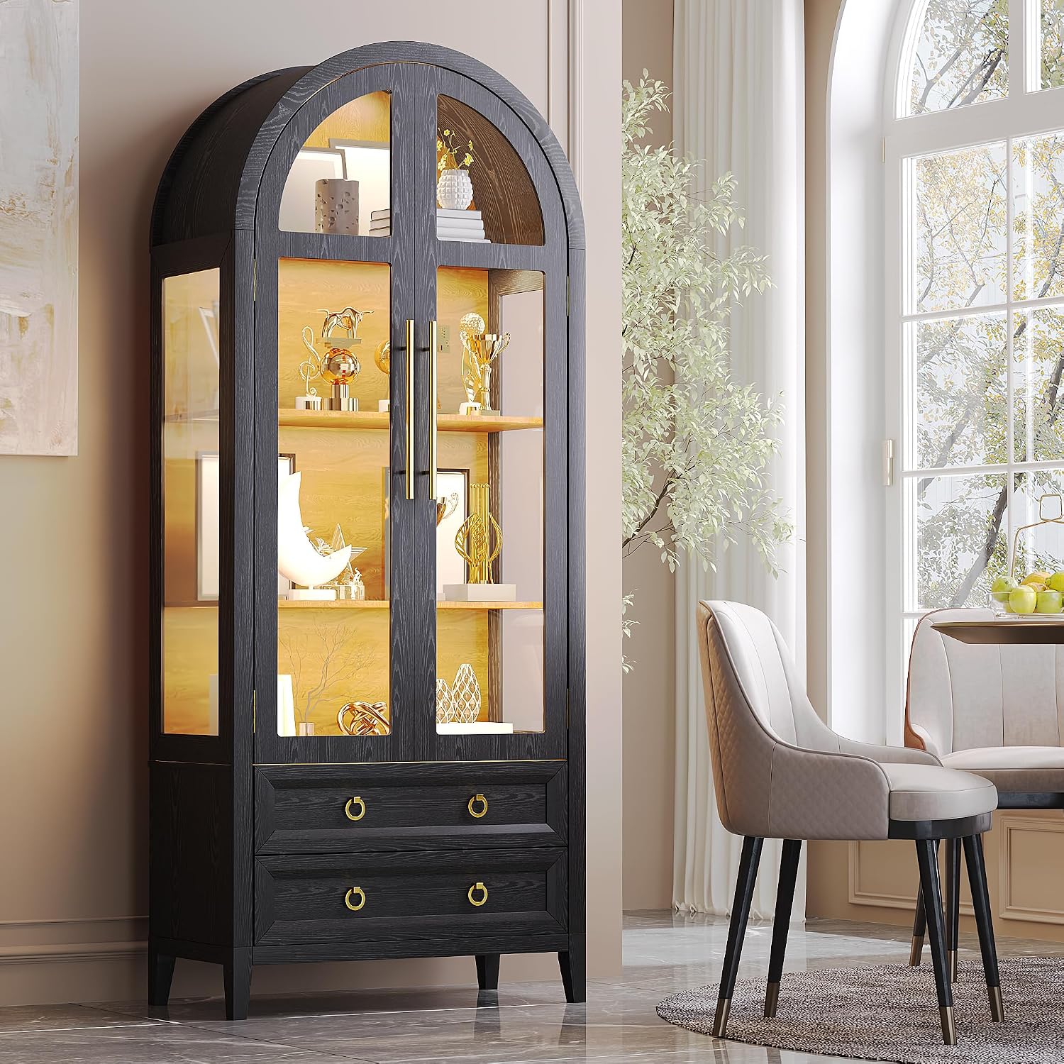 Vlsrka 71' Arched Curio Cabinet with Glass Doors, 4-Shelves Display Cabinet and 2 Drawers, Display Case with 3 Color Lights, Tall Bookcase, Kitchen Pantry, Black+Wood