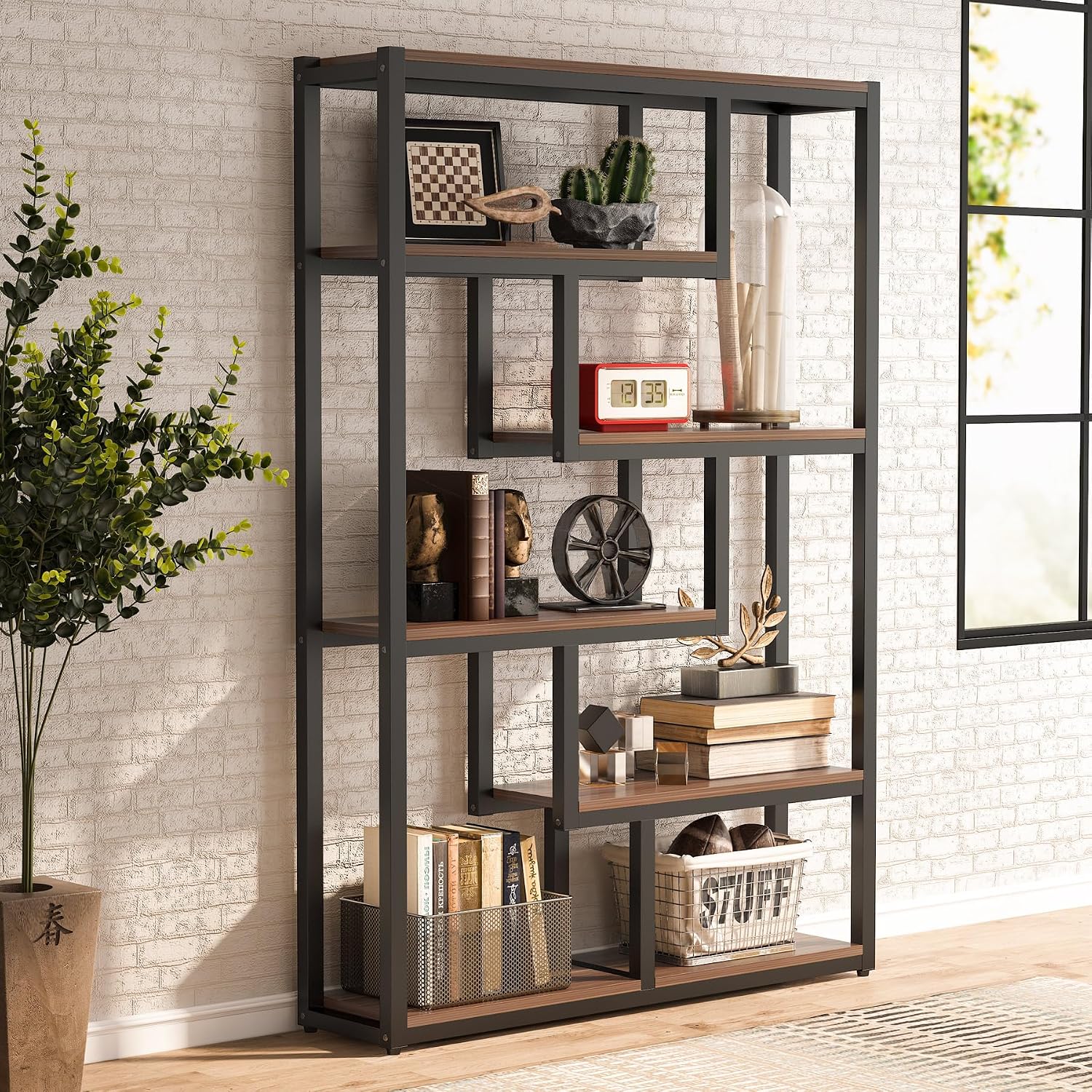 Tribesigns 6-Shelf Industrial Bookshelf Set of 2, Vintage Etagere Bookcase, 69 Inch Tall Storage Display Staggered Shelves with Sturdy Metal Frame for Home Office, Dark Walnut
