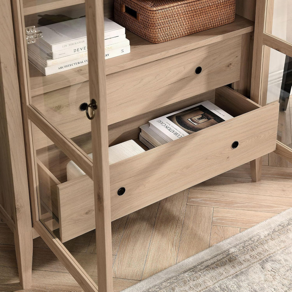 Modway Nolan Tall Arched Storage Display Cabinet in Light Oak - 74 Inch Arch Bookshelf with Glass Doors, Shelves and Drawers - Modern Accent Cabinet for Living Room, Dining Room