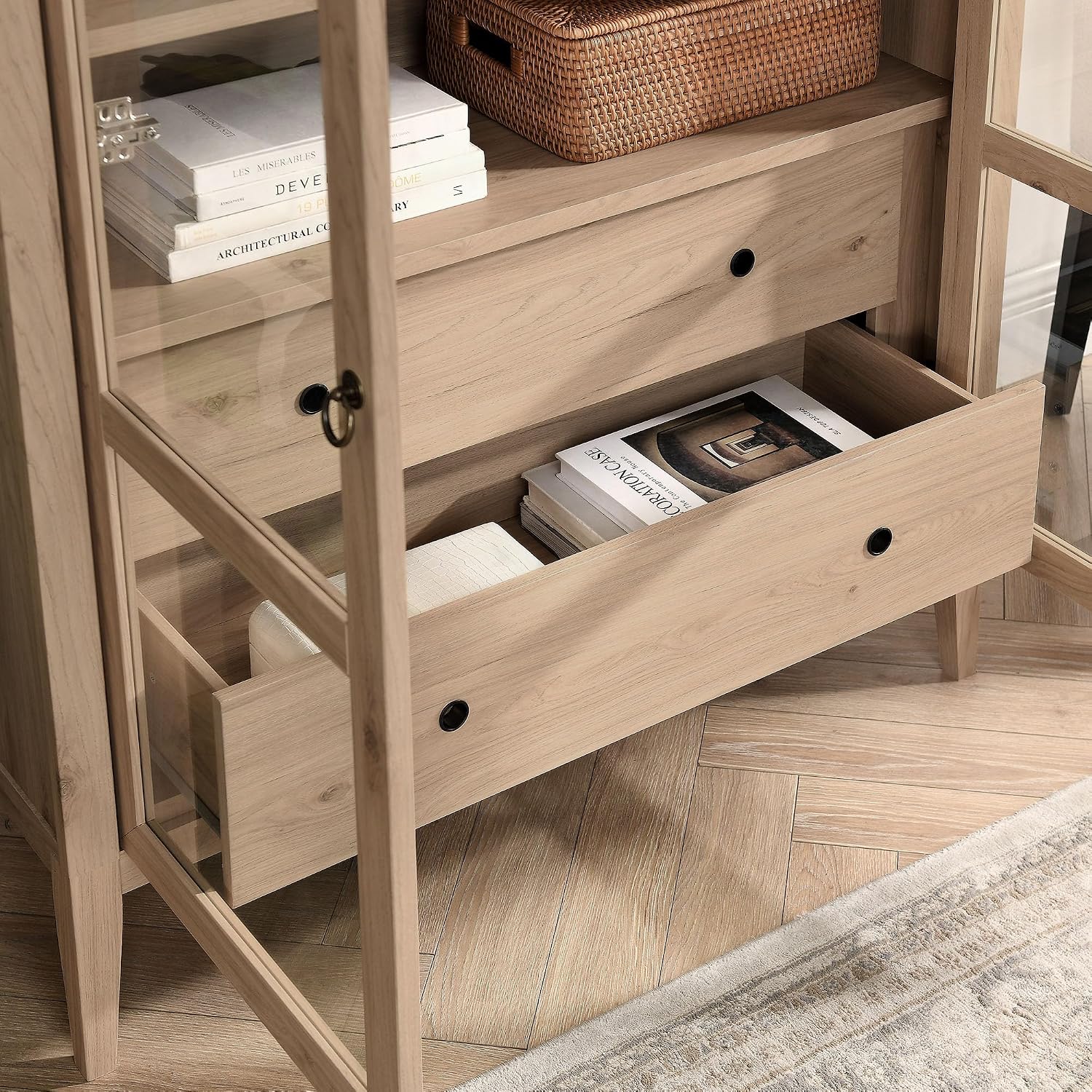 Modway Nolan Tall Arched Storage Display Cabinet in Light Oak - 74 Inch Arch Bookshelf with Glass Doors, Shelves and Drawers - Modern Accent Cabinet for Living Room, Dining Room