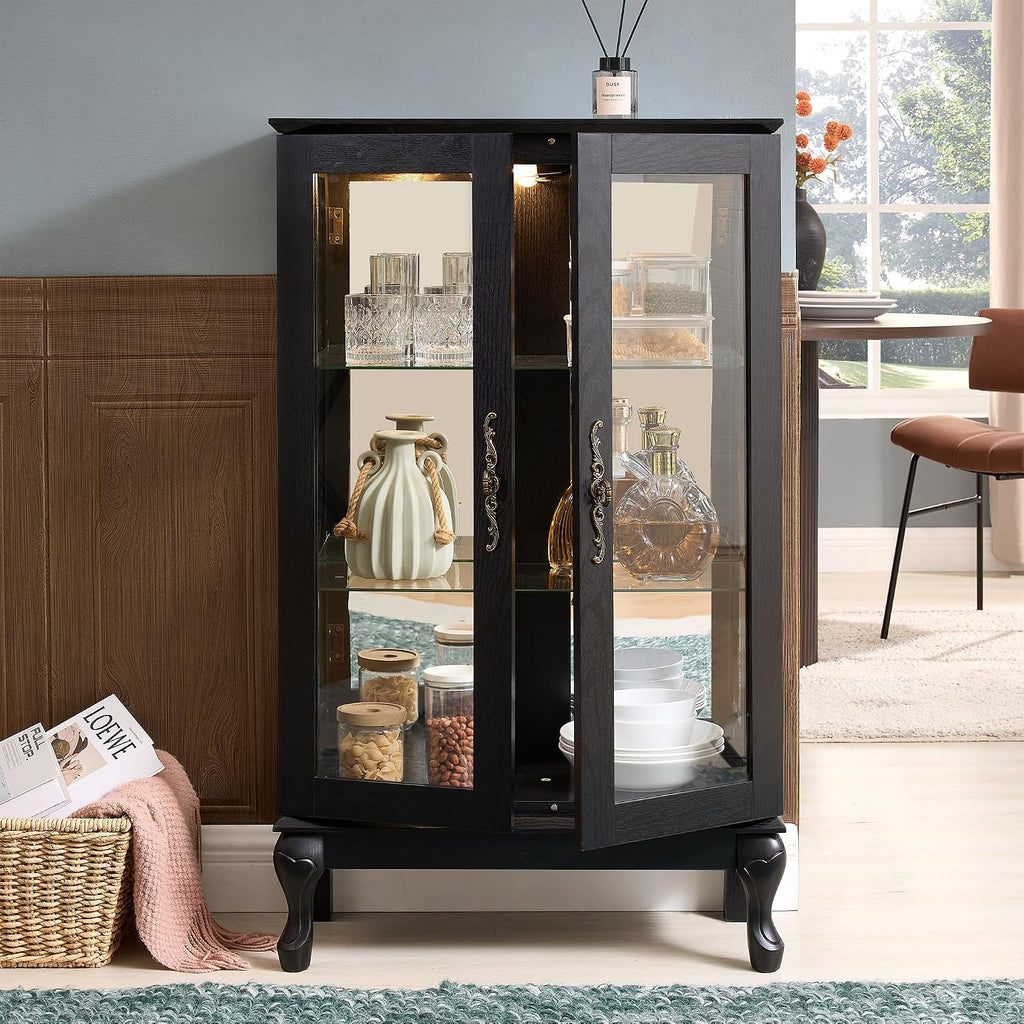 43' H Lighted Glass Curio Display Cabinet, 3-Tier Glass Accent Storage Cabinet Curio Showcase w/Adjustable Shelves,Wine Artwork Storage Rack w/Mirrored Back Panel for Living Room(Black)