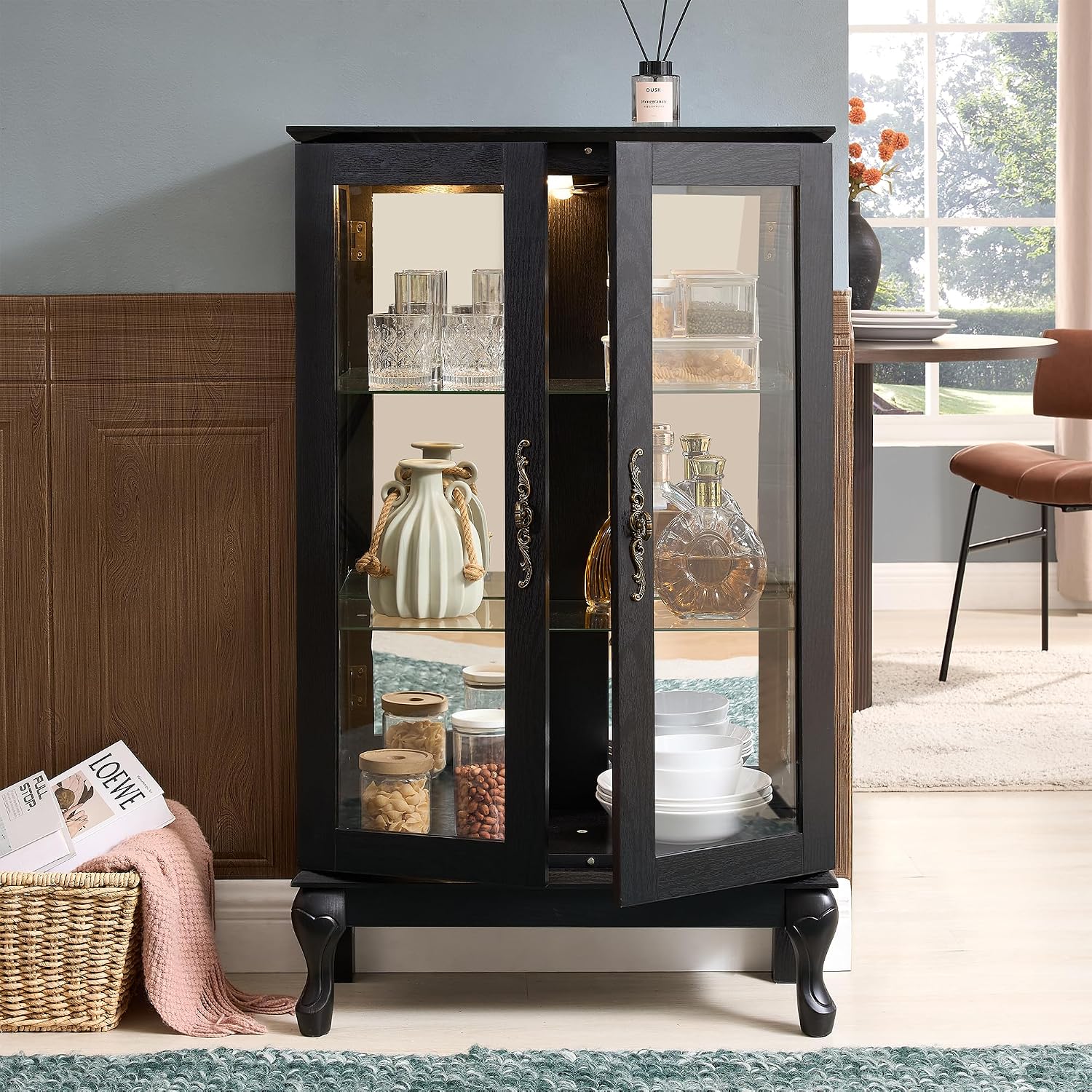 43' H Lighted Glass Curio Display Cabinet, 3-Tier Glass Accent Storage Cabinet Curio Showcase w/Adjustable Shelves,Wine Artwork Storage Rack w/Mirrored Back Panel for Living Room(Black)