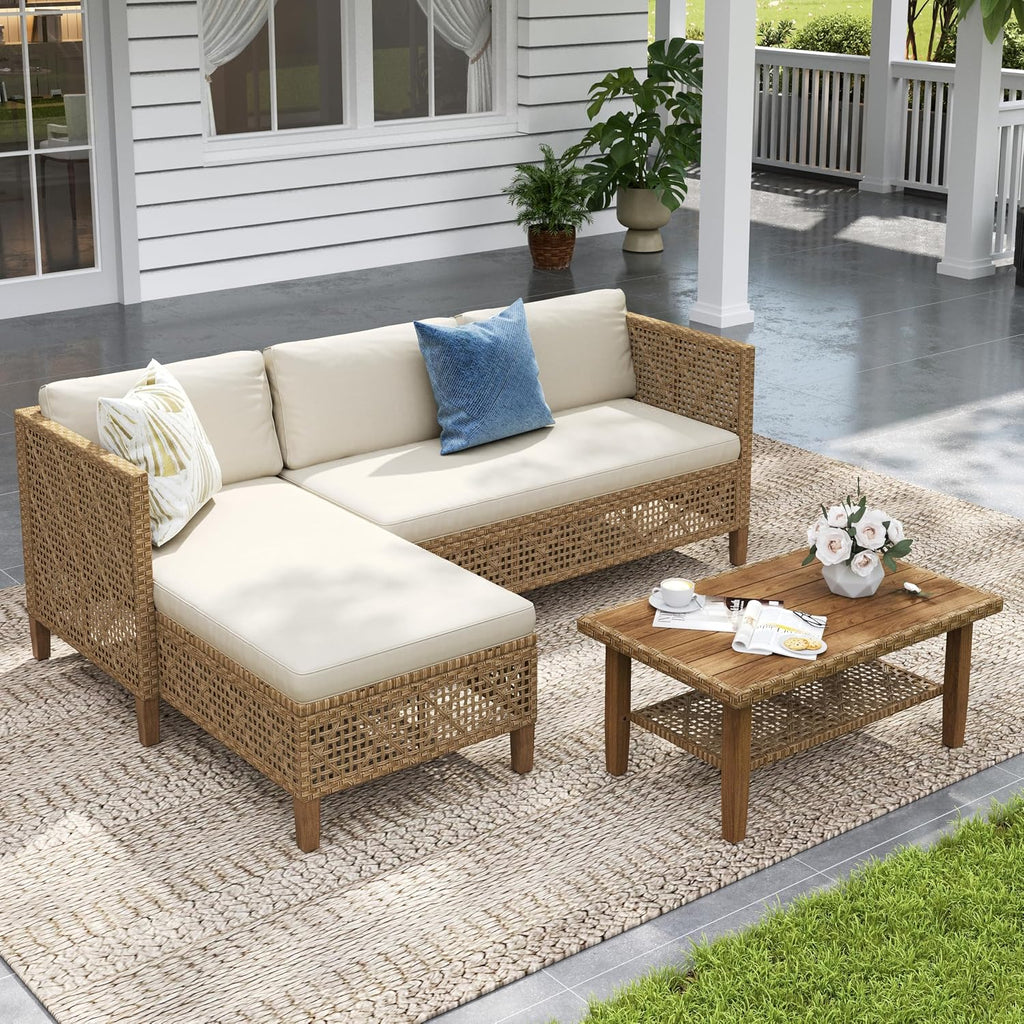Sophia & William Boho Rattan Patio Sectional Set with Thick Cushions & Coffee Table – Balcony, Backyard & Poolside Outdoor Furniture (Beige)