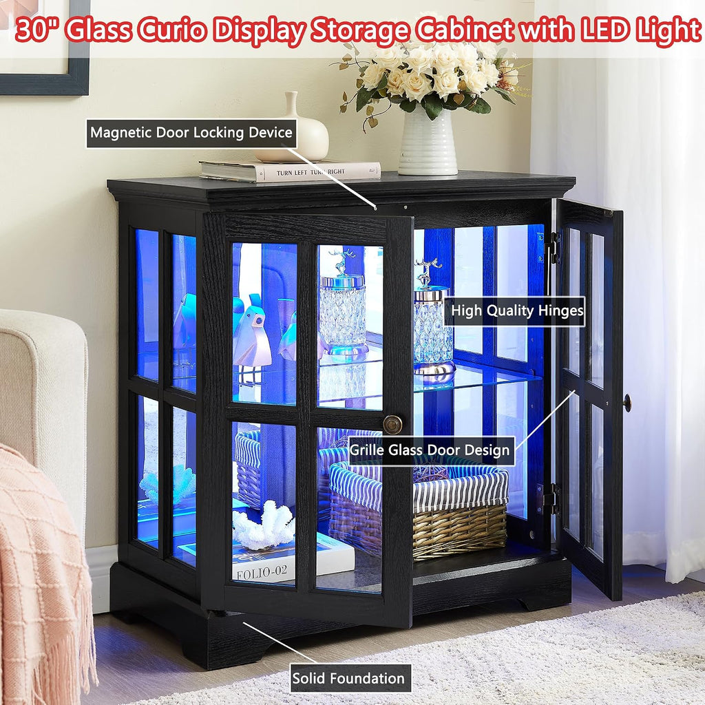 30' Glass Curio Display Storage Cabinet with LED Light, Modern 2 Lattice Doors Tableware Display Sideboard w/Adjustable Shelves, Retro Design Quality Showcase Bookcase for Home (Black)