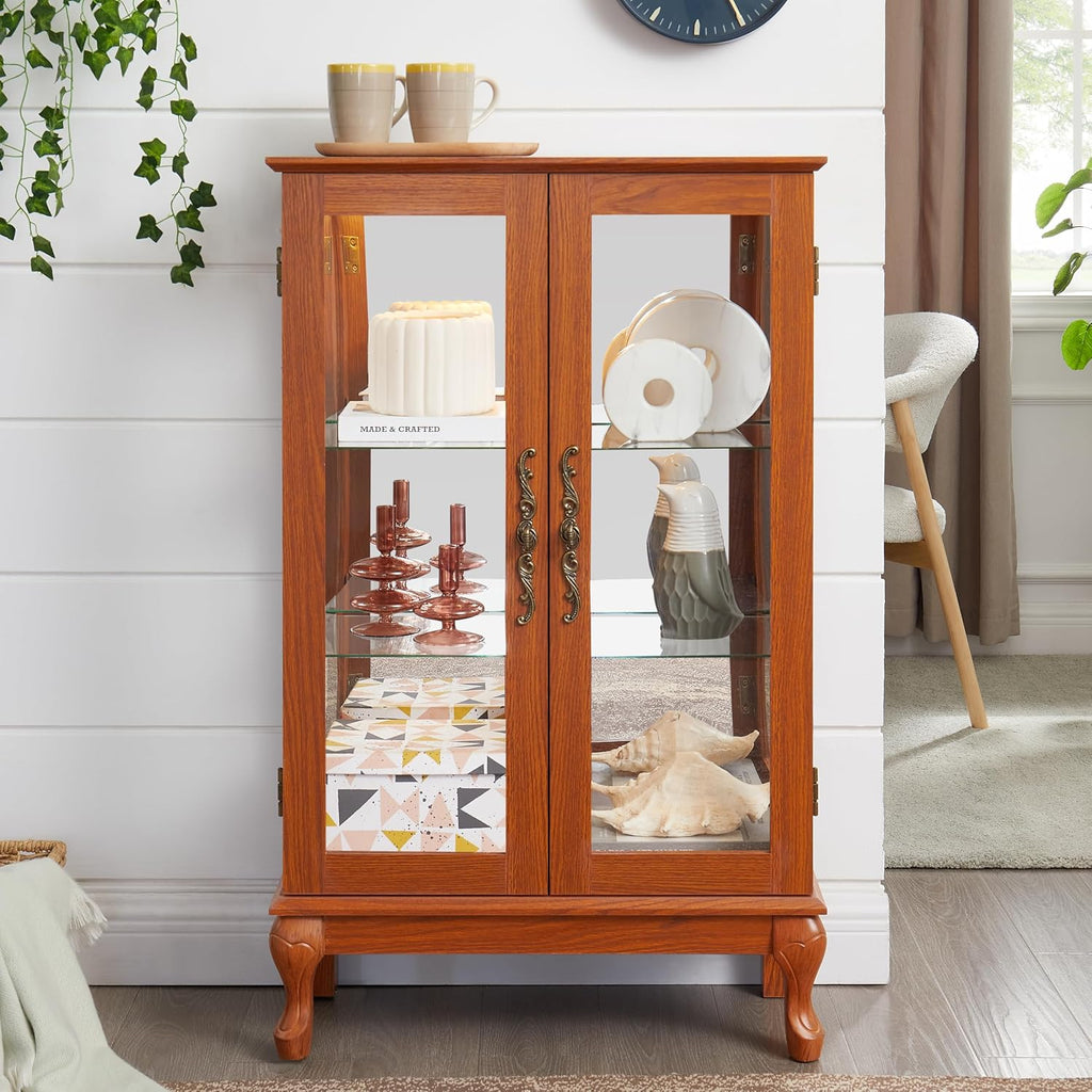 43' H Lighted Glass Curio Display Cabinet, 3-Tier Glass Accent Storage Cabinet Curio Showcase w/Adjustable Shelves,Wine Artwork Storage Rack w/Mirrored Back Panel for Living Room(Dark Oak)