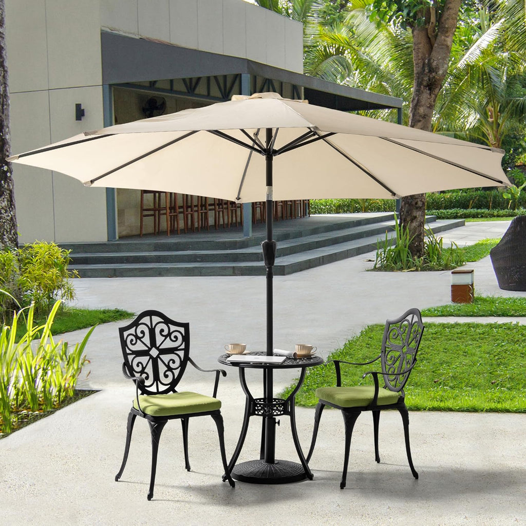 NUU GARDEN Outdoor 3-Piece Bistro Set with Cushions, Round 24 Inch Cast Aluminum Bistro Table with 2.17' Umbrella Hole, 2 Cast Aluminum Bistro Chairs, for Patio, Garden, Backyard and Balcony, Black