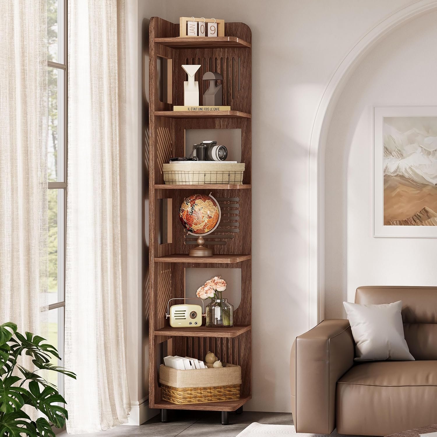 Tribesigns 6-Tier Tall Corner Shelf, 71-Inch Rustic Narrow Corner Bookshelf Bookcase with Square Rack, Freestanding Corner Display Storage Shelf Organizer for Living Room, Kitchen, Office, Brown