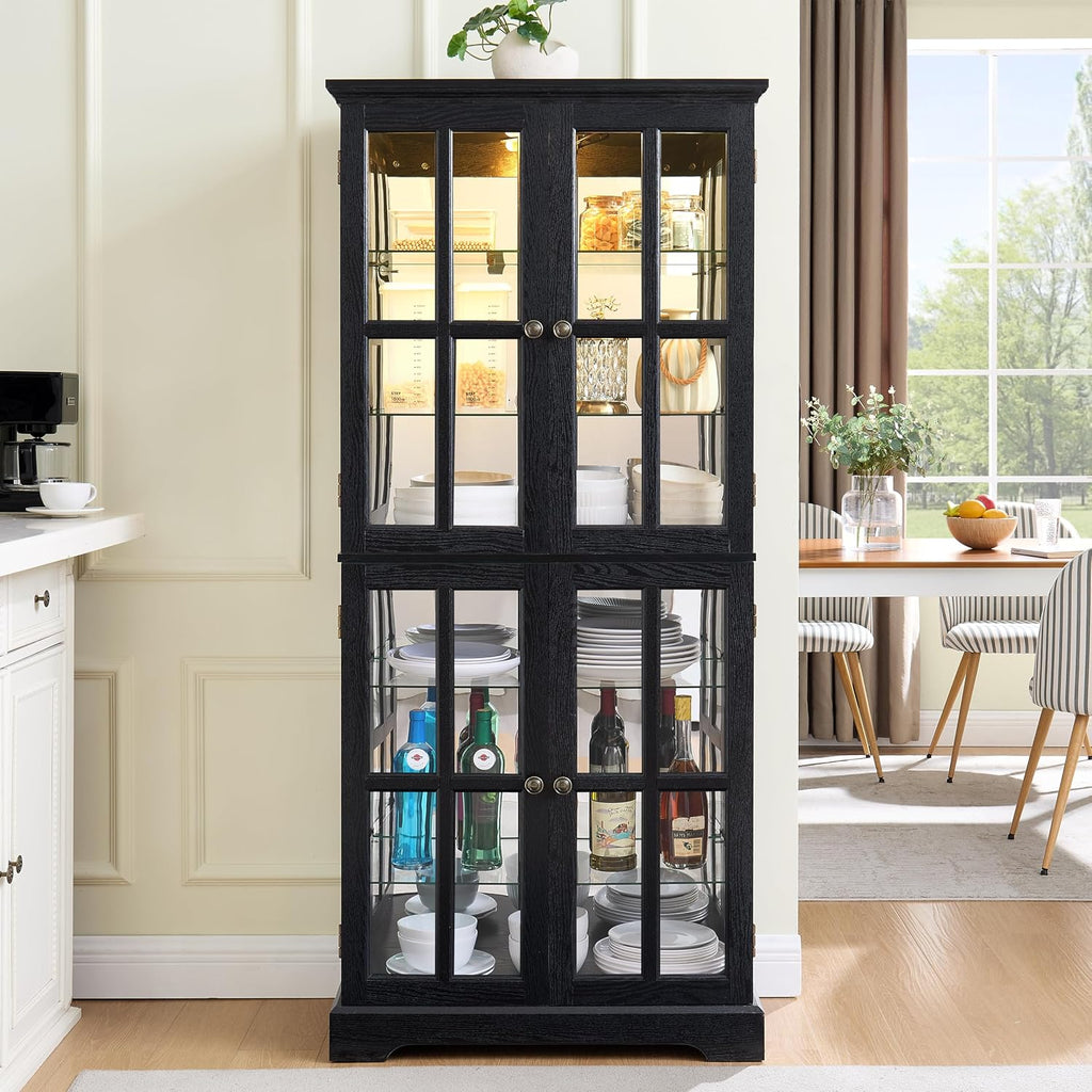 68' H Glass Curio Display Cabinet with Light, 6-Tier Wooden Storage Showcase w/ 4 Glass Doors & Adjustable Shelves, Vintage Accent Cabinet w/Mirrored Back Pane for Home & Office (Black)