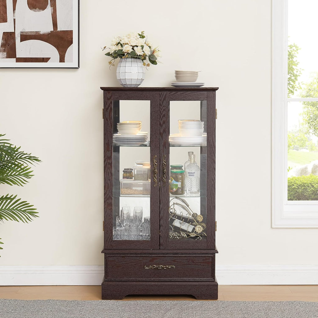 47' H Lighted Curio Cabinet Display Case, Glass Case with Adjustable Shelves,Tempered Glass Door and Drawer, Wooden Curio Cabinet with Mirrored Back Pane for Living Room (Dark Cherry)