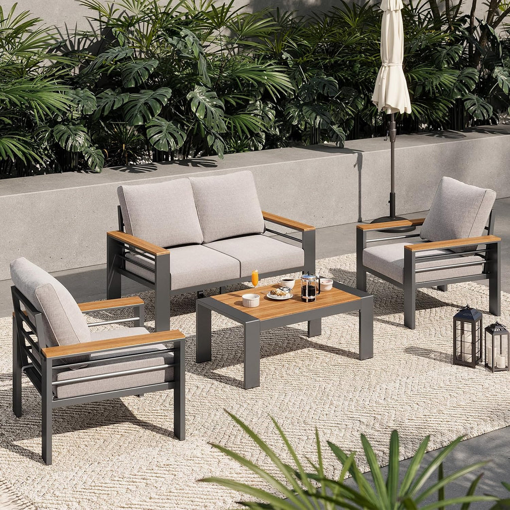 Aoxun Patio Furniture Set, 4 Piece Aluminum Patio Sets with 5' Thicken & Washable Cushion, Waterproof Outdoor Furniture with Coffee Table, Outdoor Couch Sectional for Backyard, Porch and Garden