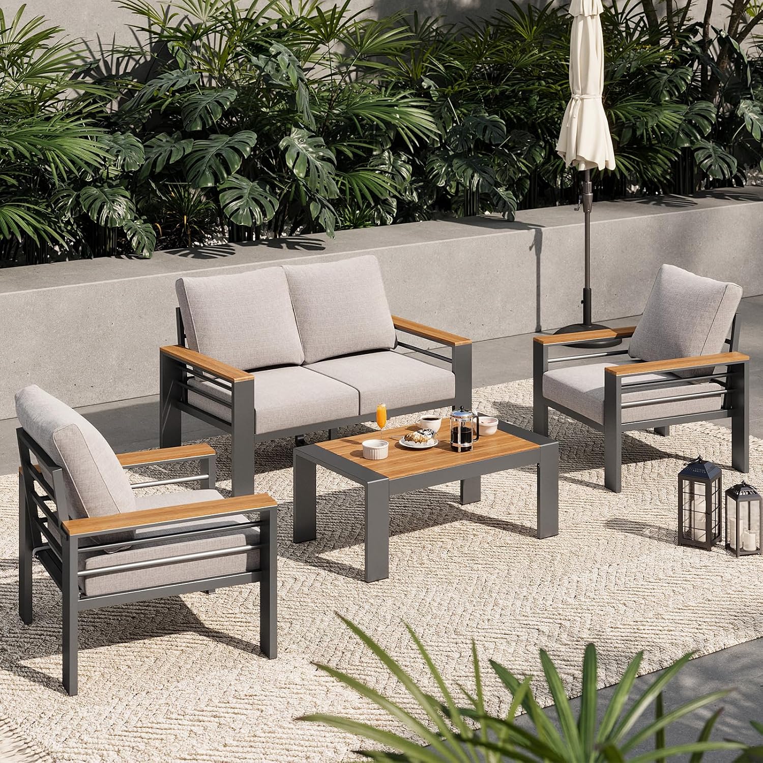 Aoxun Patio Furniture Set, 4 Piece Aluminum Patio Sets with 5' Thicken & Washable Cushion, Waterproof Outdoor Furniture with Coffee Table, Outdoor Couch Sectional for Backyard, Porch and Garden