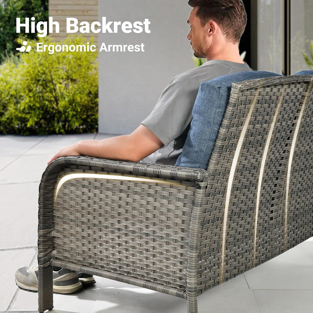 ovios 2-Piece Patio Furniture Set, Outdoor Wicker Sofa with Coffee Table, High Back Rattan Couch Loveseat with Comfy Cushions for Porch Yard Deck, Denim Blue