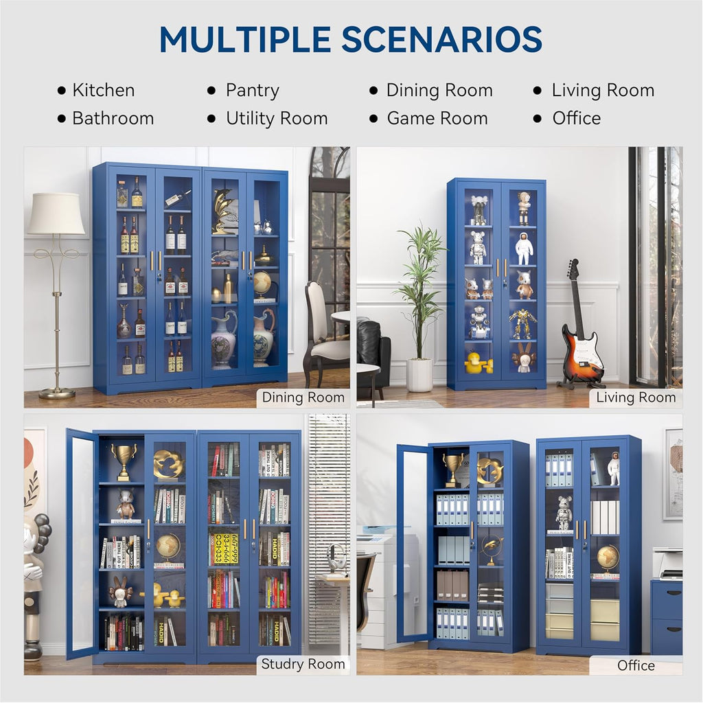 Polup Curio Cabinets with Glass Doors, 71' Glass Display Cabinet with Lock, Tall Bookcase with Adjustable Shelves, Locking China Cabinet for Living Room, School, Commercial, Office, Plant, Blue