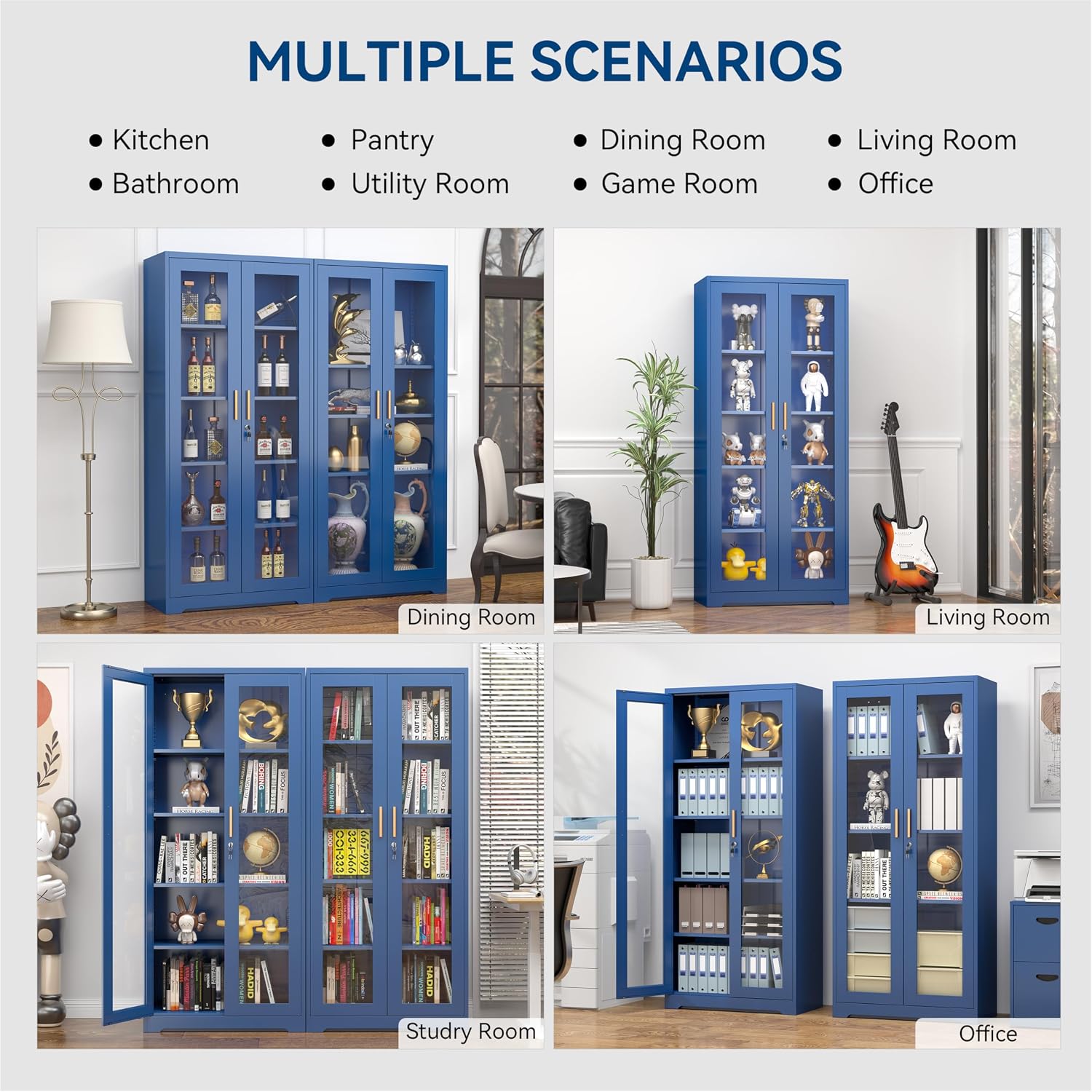 Polup Curio Cabinets with Glass Doors, 71' Glass Display Cabinet with Lock, Tall Bookcase with Adjustable Shelves, Locking China Cabinet for Living Room, School, Commercial, Office, Plant, Blue