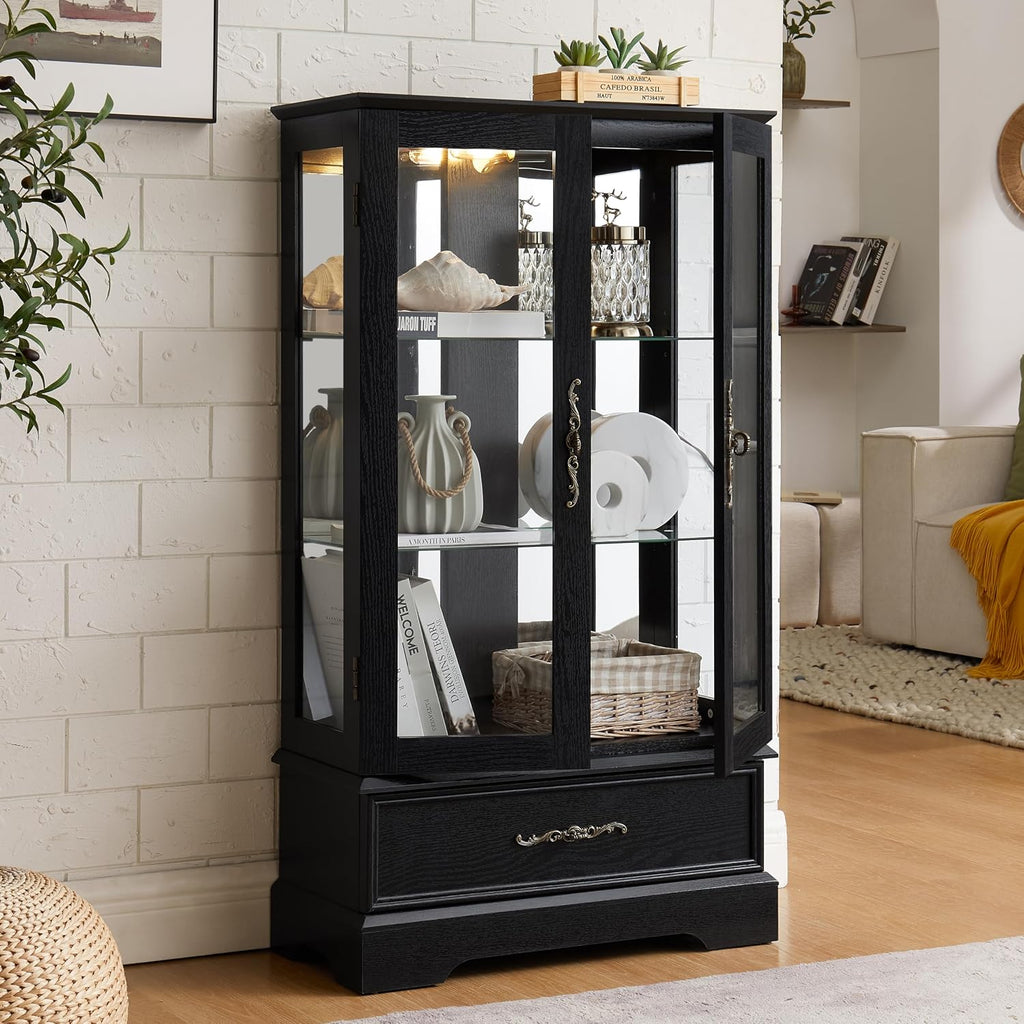 3-Tier Lighted Glass Curio Display Cabinet, 47' H Glass Accent Storage Cabinet with Adjustable Shelves & 1 Drawer, Wooden Wine Display Case with Mirrored Back Panel for Living Room (Black)