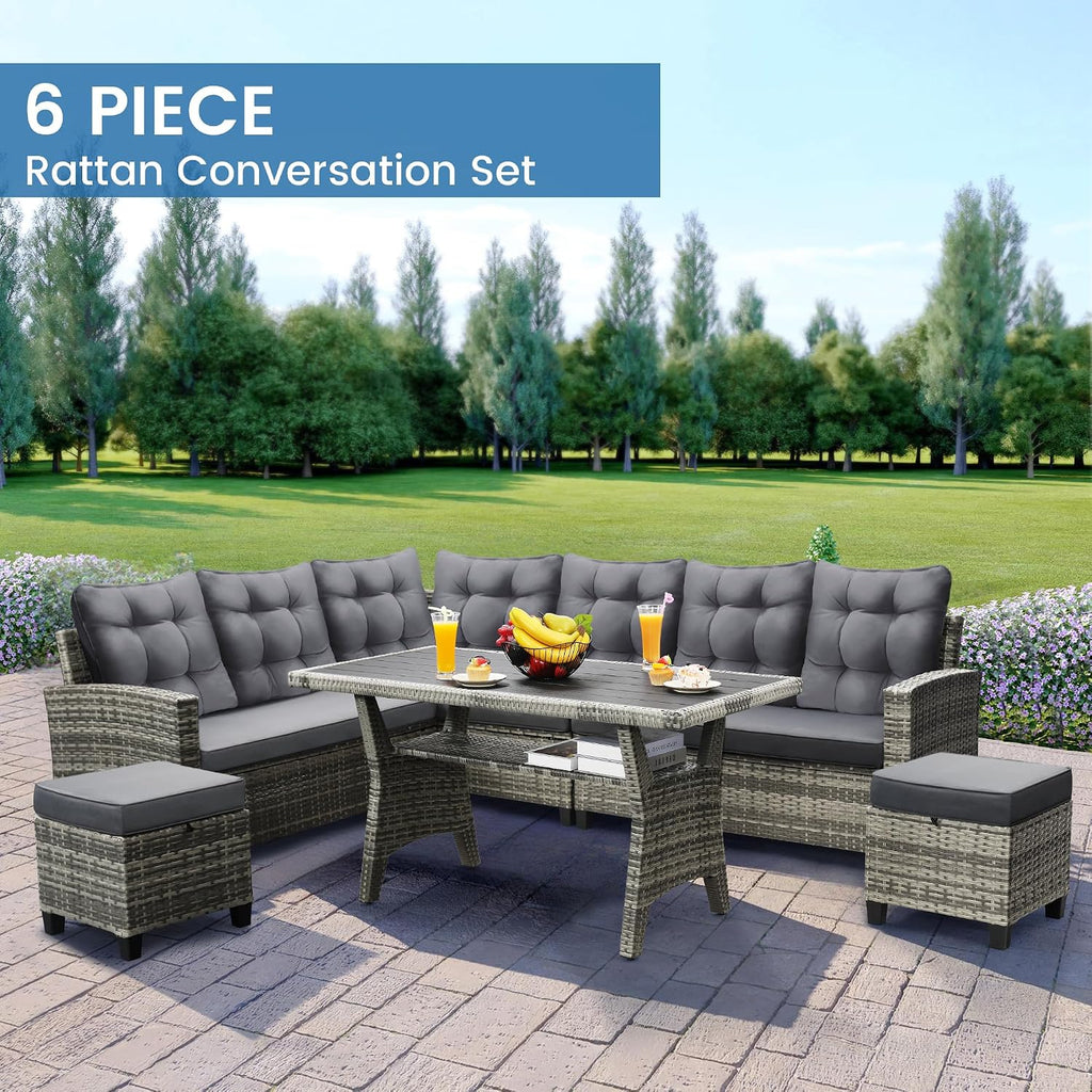 KROFEM 6-Piece Patio Furniture Set, Outdoor Sectional Sofa with Dining Table & Chairs, All-Weather Dining Set with Removable Cushion Covers, Ideal for Garden, Porch, Backyard, Grey