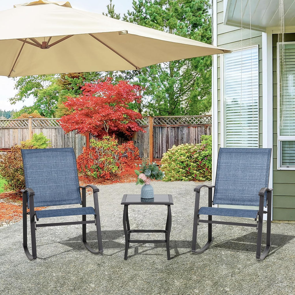 Vongrasig 3 Piece Outdoor Rocking Bistro Set, Textilene Fabric Small Patio Furniture Set, Front Porch Rocker Chairs Conversation Set with Glass Table for Lawn, Garden, Balcony, Poolside (Denim Blue)