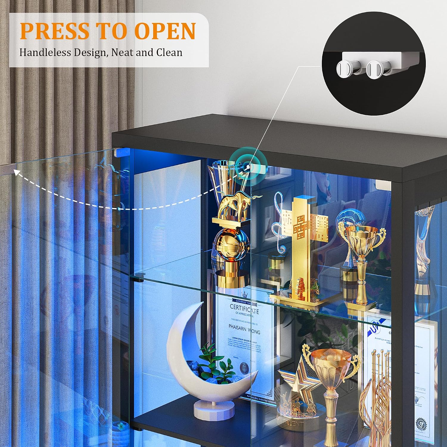 FREDEES Display Cabinet with Glass Doors,67' Adjustable Display Shelf with 2 Drawers and 4 Tier Curio Cabinet,Tall Bookcase with 3 Color Lights and Human Body Sensor for Toys,Books（Black）