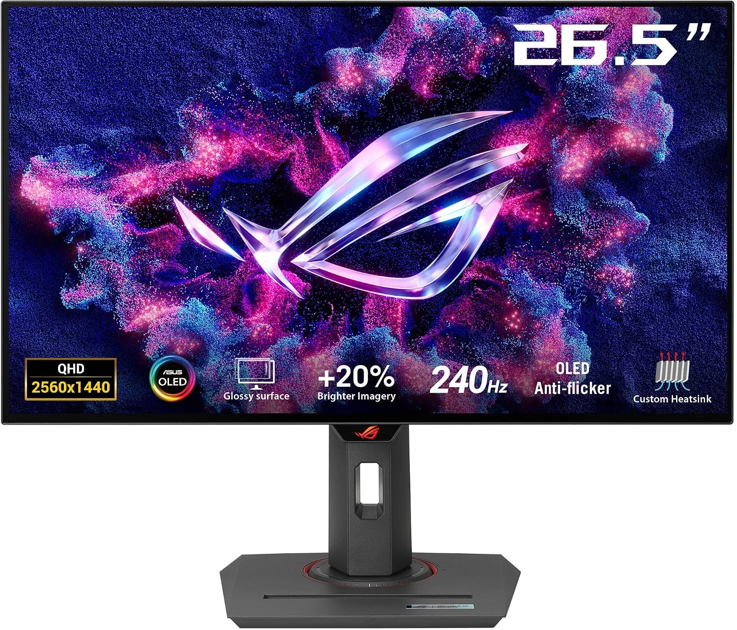 ASUS ROG Strix 27' 1440P OLED Gaming Monitor (XG27AQDMG) - QHD, Glossy OLED, 240Hz, 0.03ms, Custom Heatsink, Anti-flicker,Uniform Brightness, G-SYNC Compatible, 99% DCI-P3, DisplayWidget, 3yr warranty