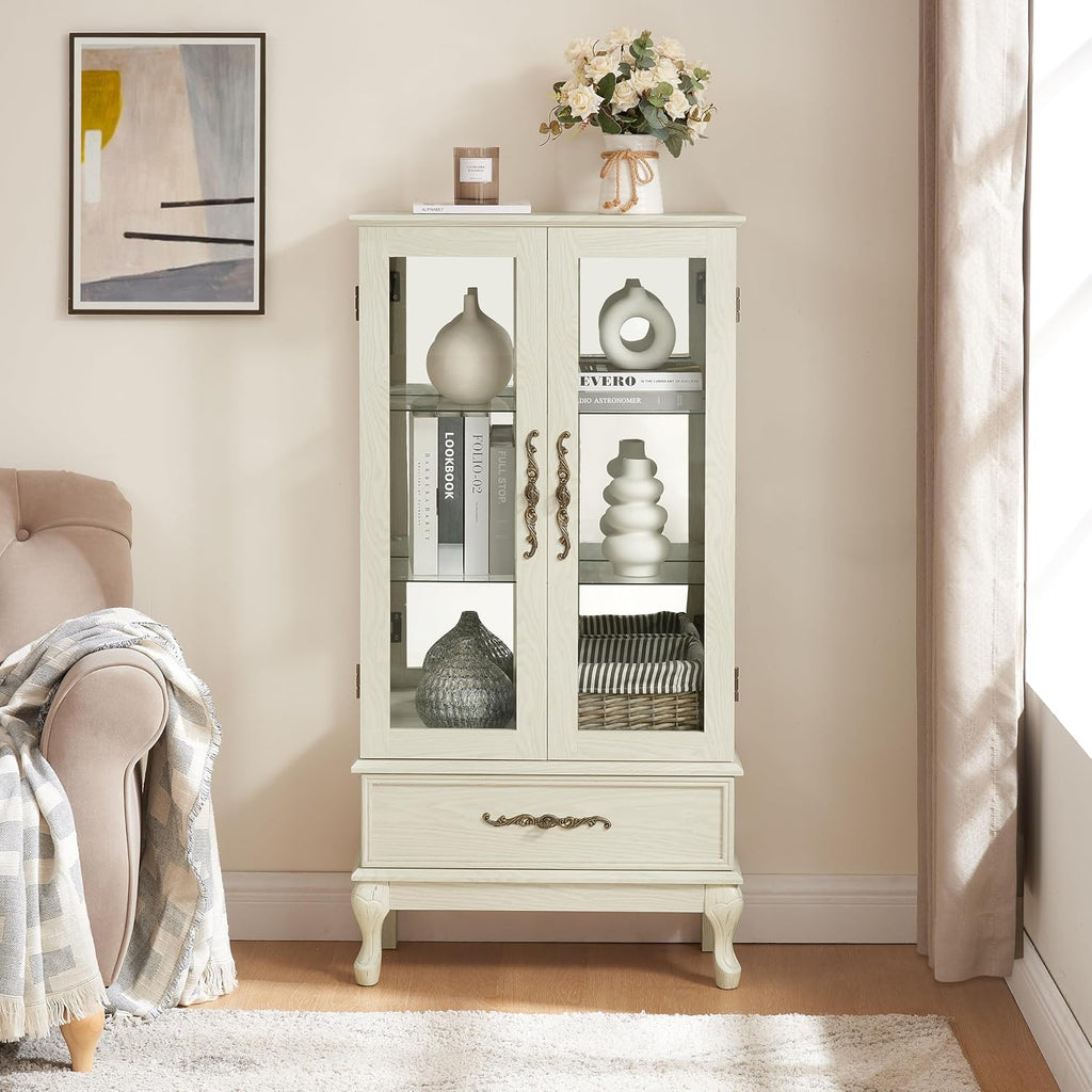 51'H Lighted Curio Display Cabinet with 2 Doors & 1 Drawer, Wooden Glass Curio Showcase w/ Adjustable Shelves & Mirrored Back Panel, Storage Cabinet Display Case for Living Room(Antique White)