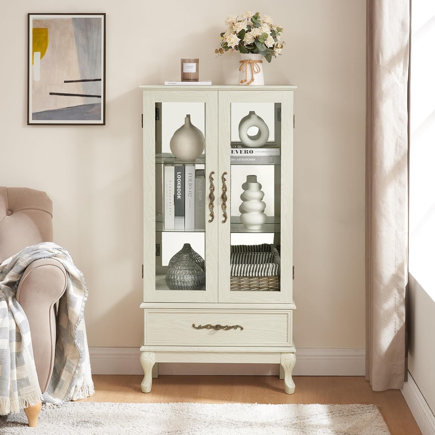 51'H Lighted Curio Display Cabinet with 2 Doors & 1 Drawer, Wooden Glass Curio Showcase w/ Adjustable Shelves & Mirrored Back Panel, Storage Cabinet Display Case for Living Room(Antique White)