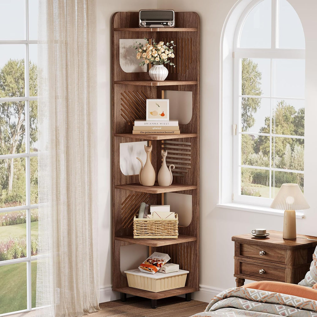 Tribesigns 6-Tier Tall Corner Shelf, 71-Inch Rustic Narrow Corner Bookshelf Bookcase with Square Rack, Freestanding Corner Display Storage Shelf Organizer for Living Room, Kitchen, Office, Brown