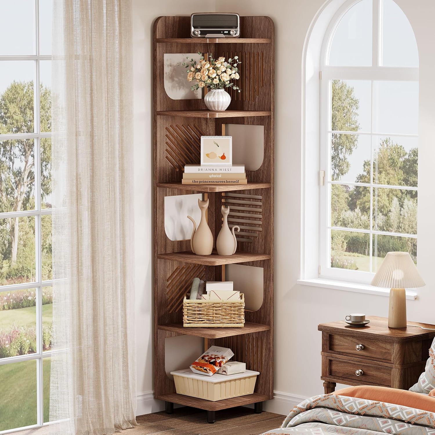Tribesigns 6-Tier Tall Corner Shelf, 71-Inch Rustic Narrow Corner Bookshelf Bookcase with Square Rack, Freestanding Corner Display Storage Shelf Organizer for Living Room, Kitchen, Office, Brown