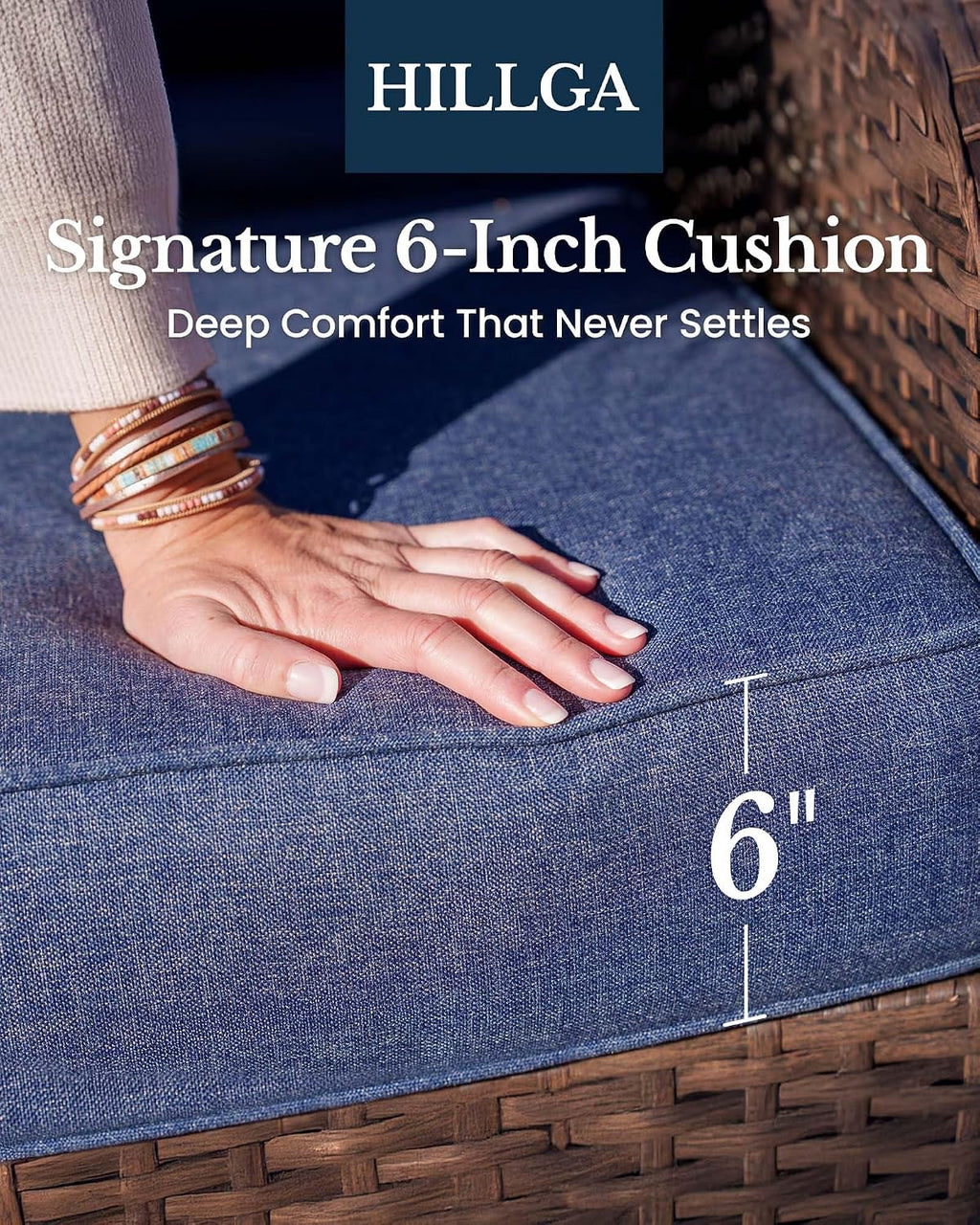 HILLGA 6-Piece Luxury Patio Furniture Set with 6' Thick Cushions, Weather-Resistant Wicker High Back Swivel Rocker Chairs, Senior-Friendly Outdoor Loveseat Set for Deck, Yard and Poolside, Blue(V2)