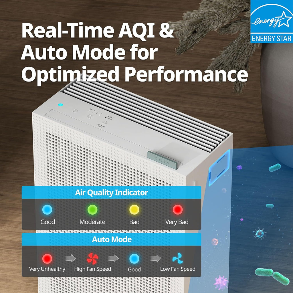 COWAY Air Purifiers for Home Bedroom up to 1,035ft² with HEPA Filter, Carbon Filter, Washable Filter for Smoke, Pollen, Dander, with Air Quality Monitor, Auto Mode, 3yr Warranty, Airmega 150 Green