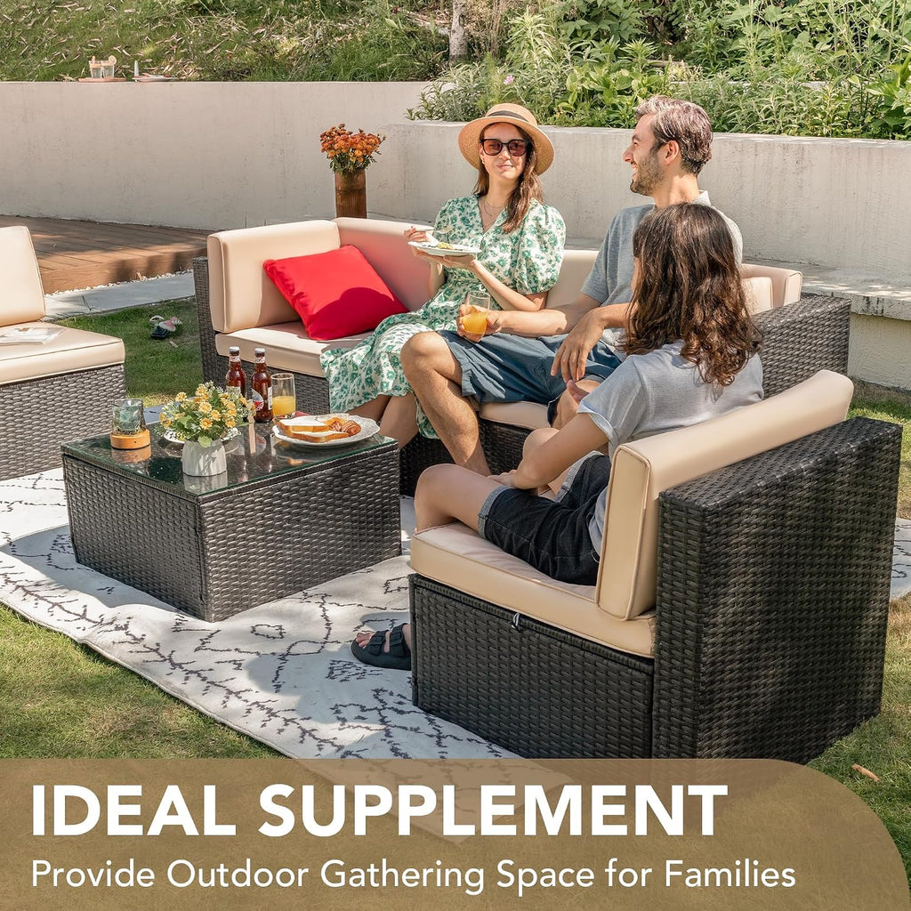 Devoko 5 Pieces Patio Furniture Sets All Weather Outdoor Sectional Patio Sofa Manual Weaving Wicker Rattan Patio Seating Sofas with Cushion and Glass Table (Beige)